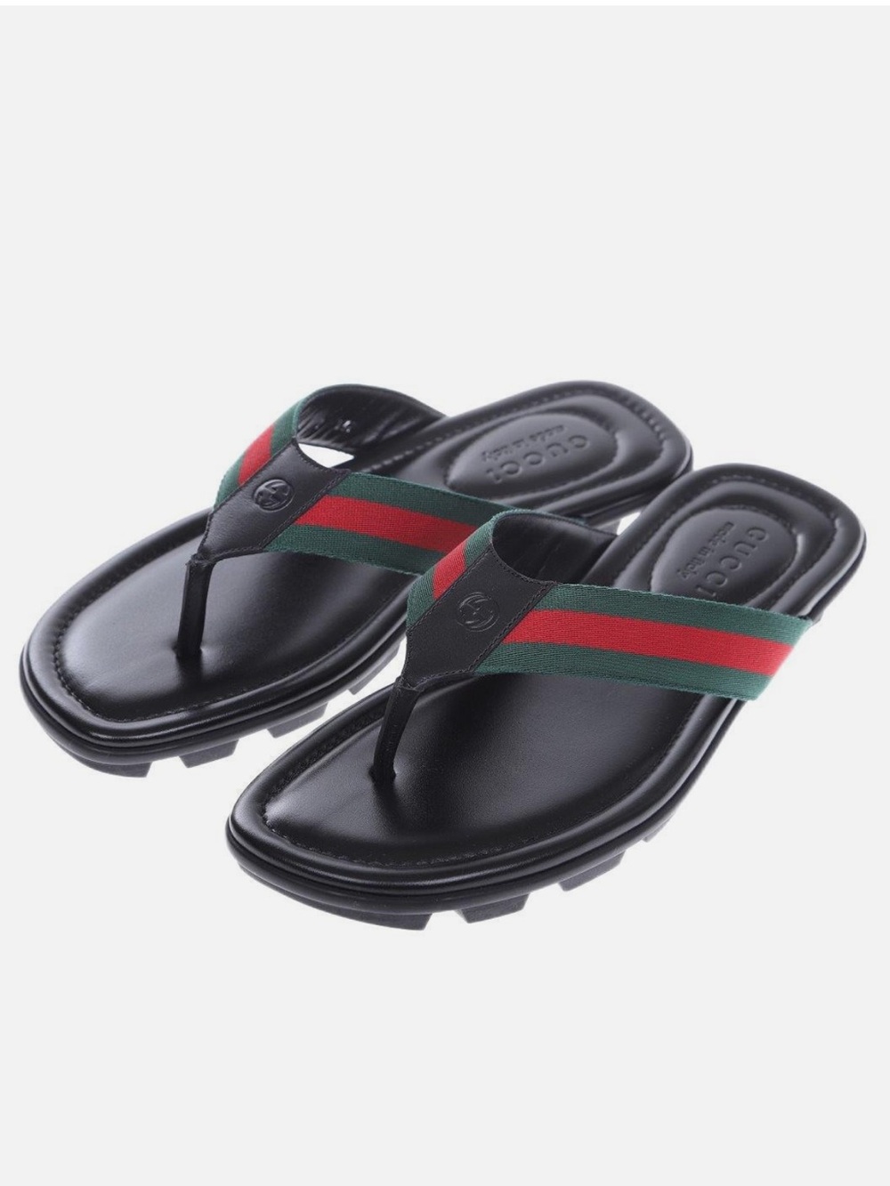 Gucci Men's Black Leather Thong Sandals with Signature Web Stripe Men Size 10